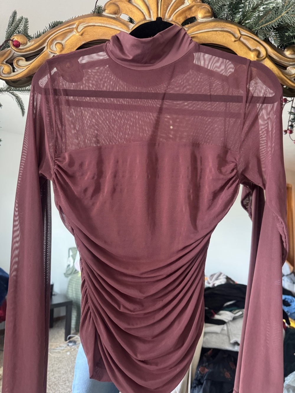 Sheer Long-Sleeve Ruched Burgundy Top